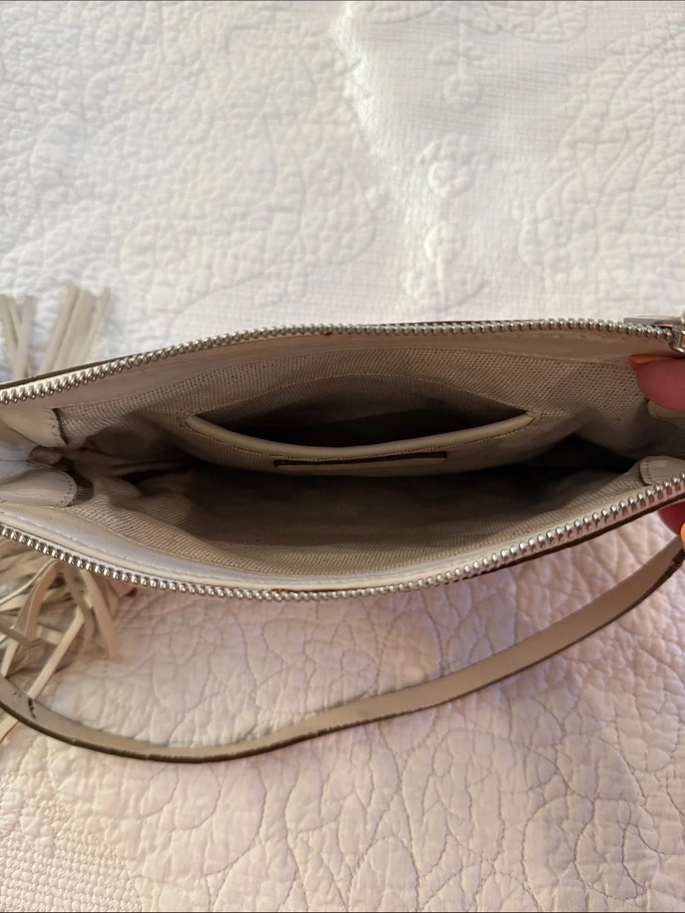Michael Kors Cream Leather Shoulder Bag with Grommet and Tassel Detail
